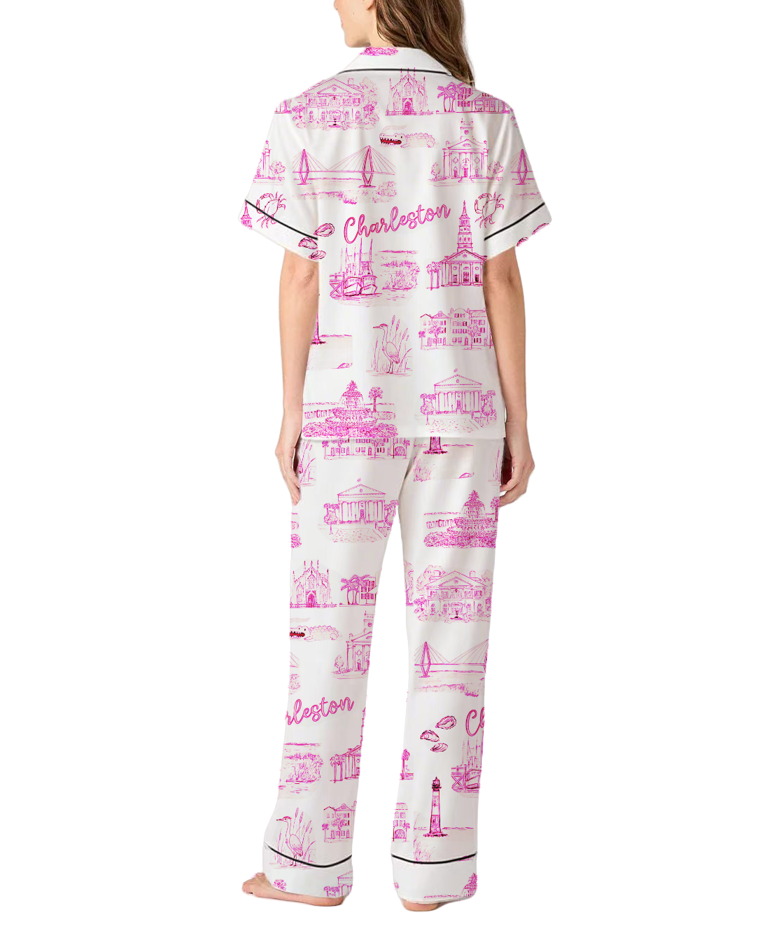 Charleston Toile Silky Satin Pajama Pants Set For Women