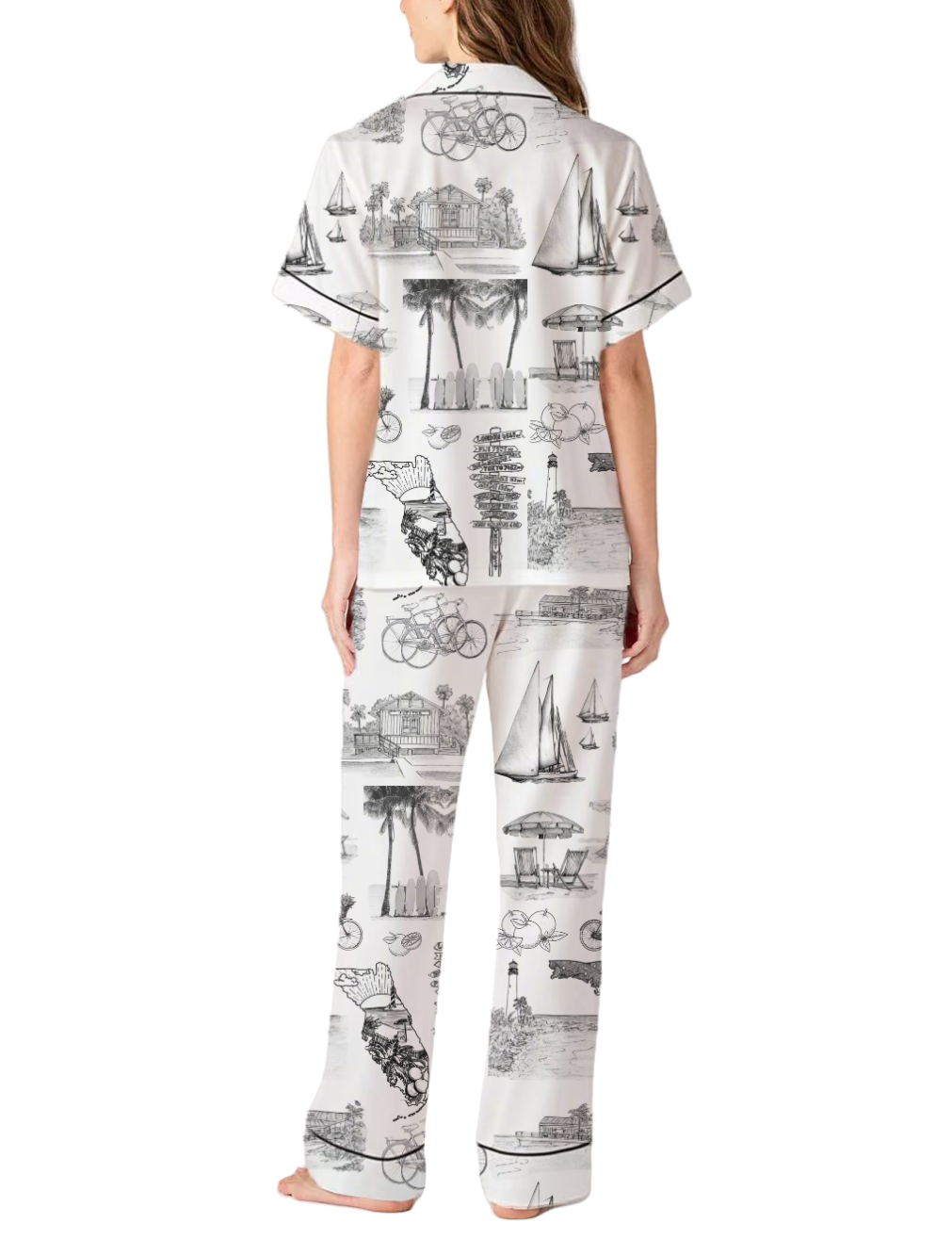 Florida Toile Silky Satin Pajama Pants Set For Women