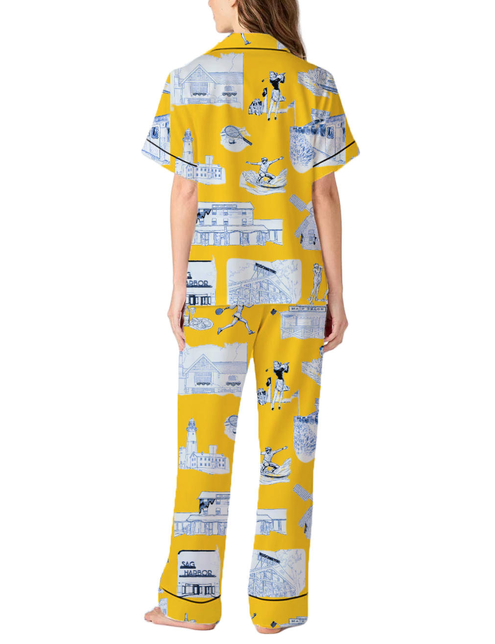 Hamptons Toile Silky Satin Pajama Pants Set For Women