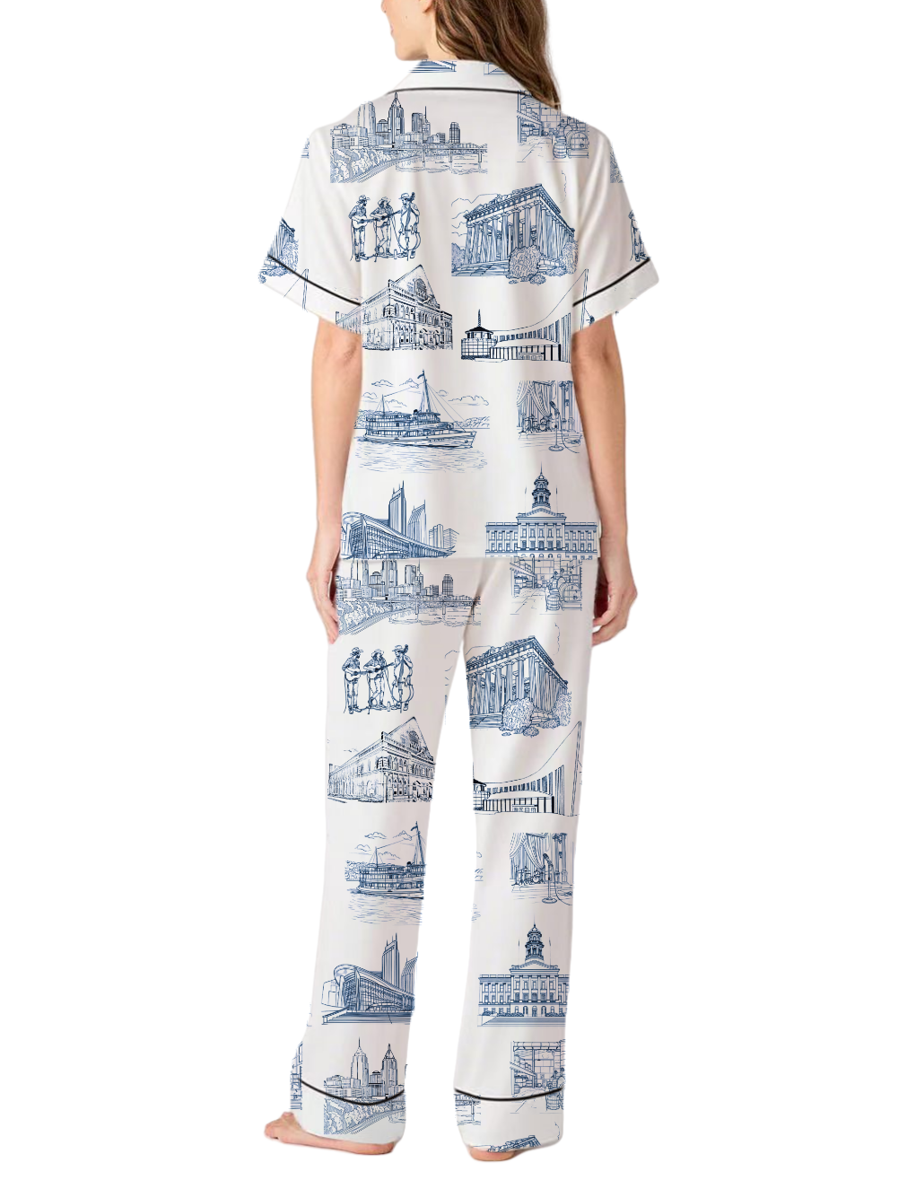 Nashville Toile Silky Satin Pajama Pants Set For Women