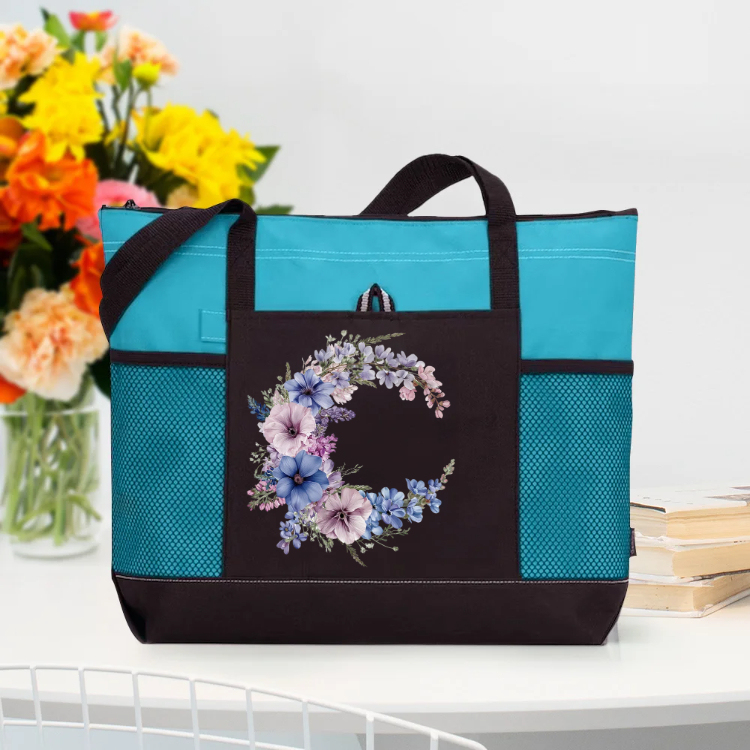 Personalized Birth Flower Wreath Large Tote Bag with Name and Mesh Pockets Travel Essentials Birthday Gift for Women