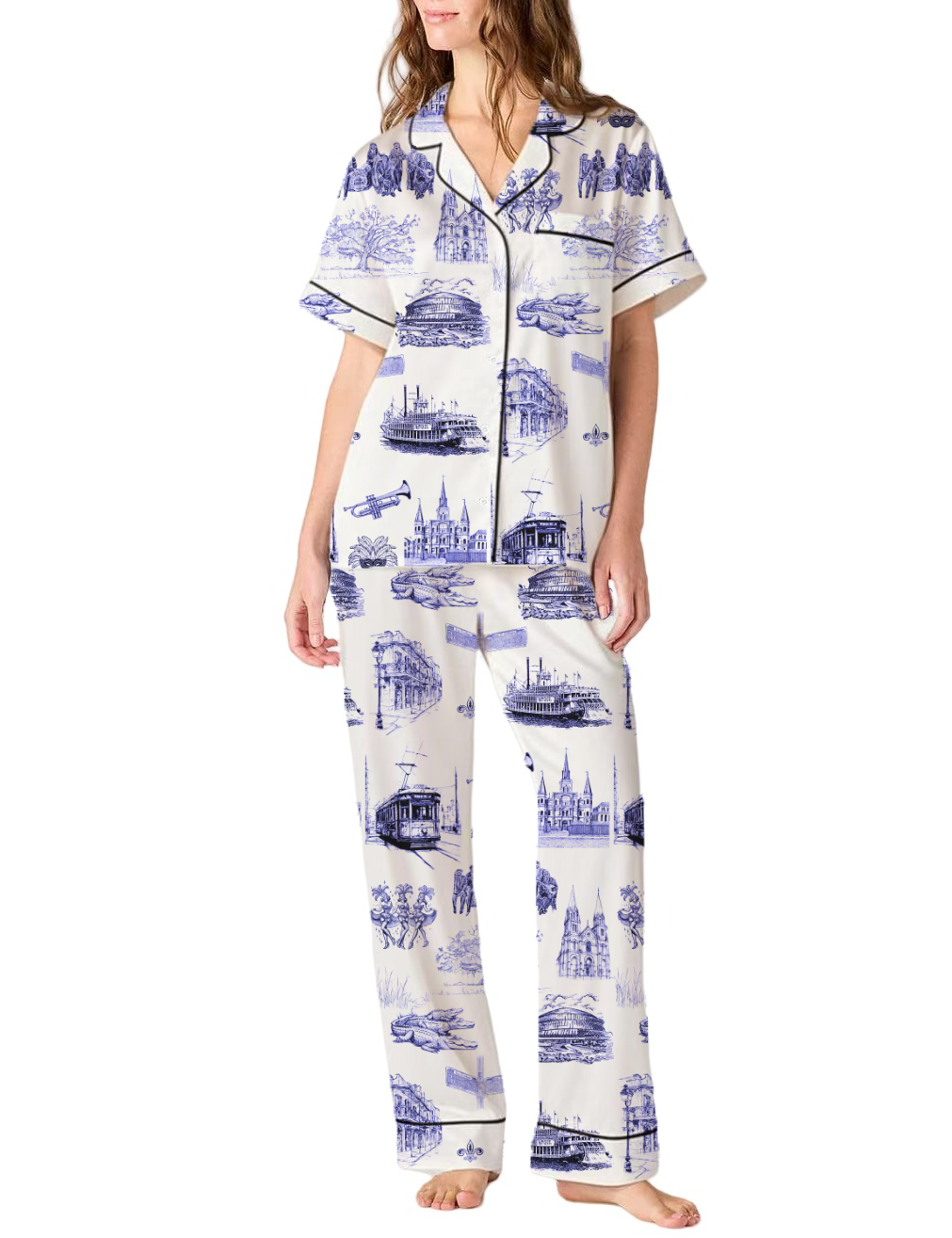New Orleans Toile Silky Satin Pajama Pants Set For Women