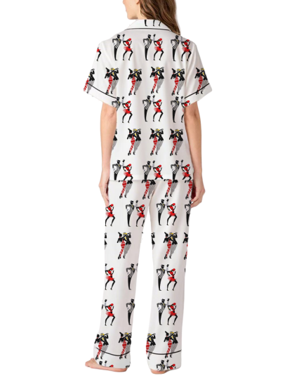 Abstract Duet Dance Pattern Silky Satin Pajama Pants Set For Women