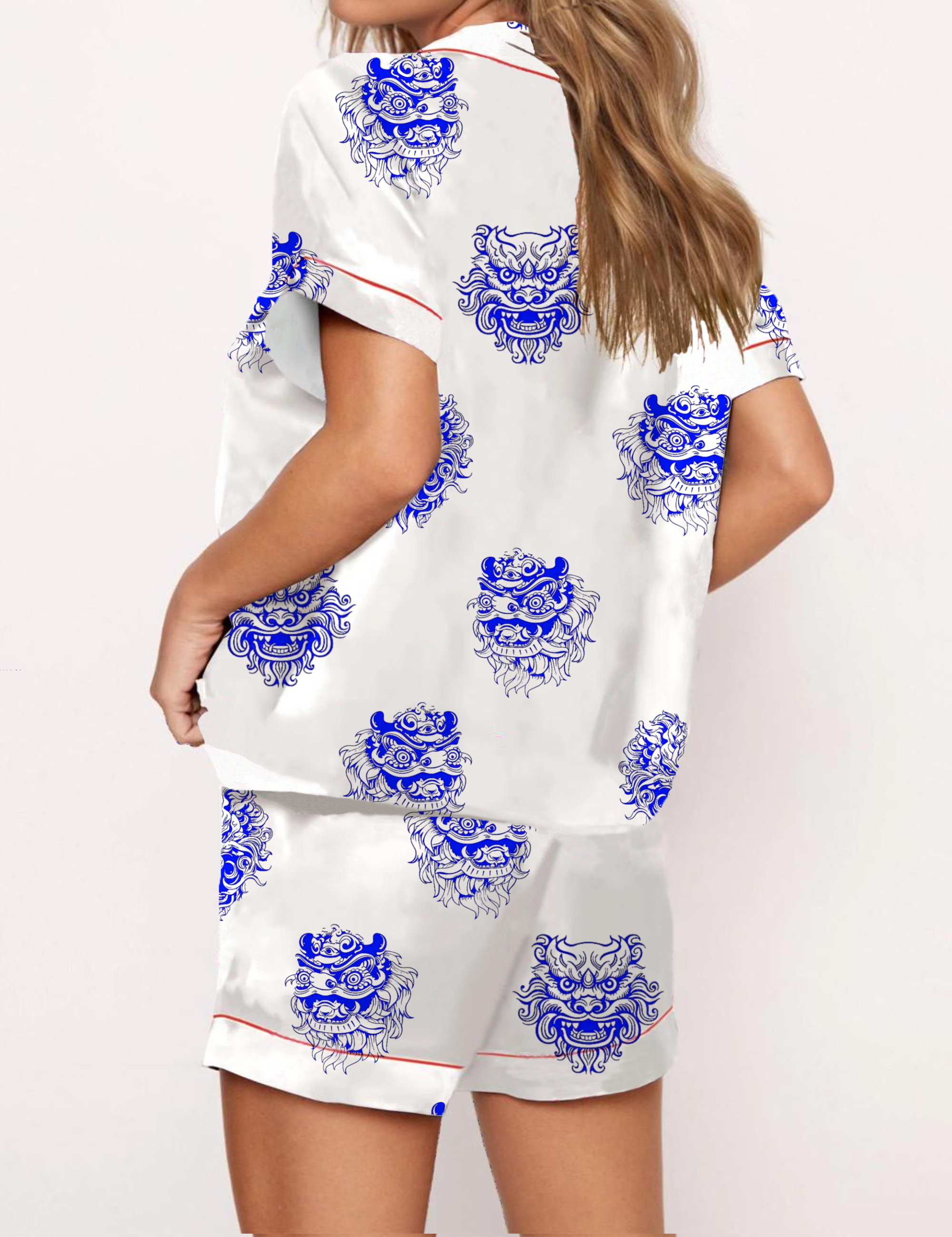 Blue Mythical Beasts Pattern Silky Satin Pajama Short Set For Women