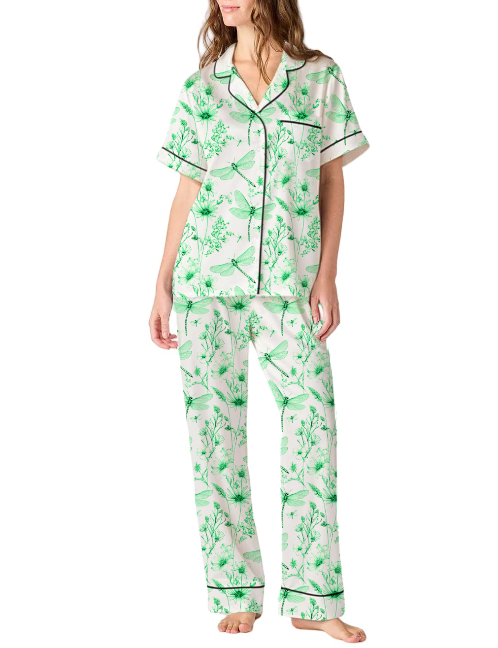 Dragonfly Silky Satin Pajama Pants Set For Women