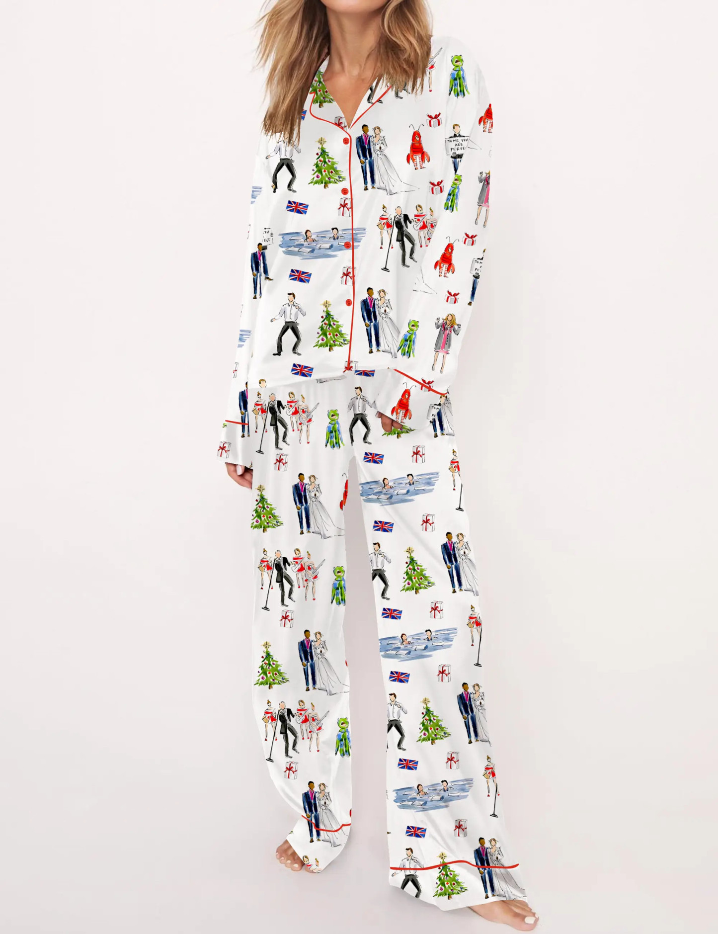 Love Actually Christmas Silky Satin Pajama Set For Women