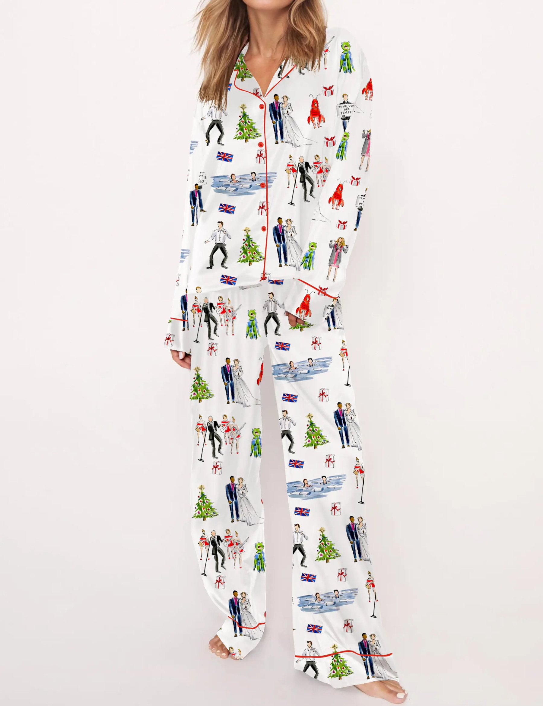 Love Actually Christmas Silky Satin Pajama Set For Women