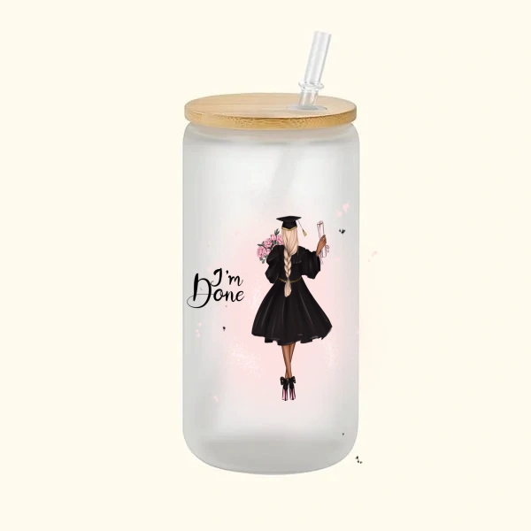 Personalized Cartoon Back Image Girl 16oz Frosted Glass Cup with Text “I‘m Done” Graduation Souvenir Birthday Gift for Women