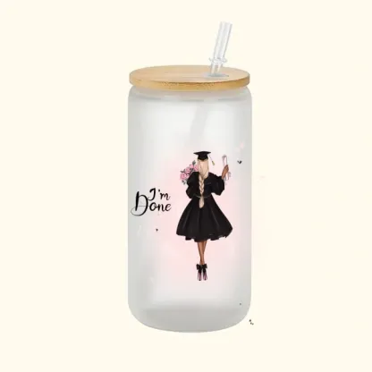 Personalized Cartoon Back Image Girl 16oz Frosted Glass Cup with Text “I‘m Done” Graduation Souvenir Birthday Gift for Women