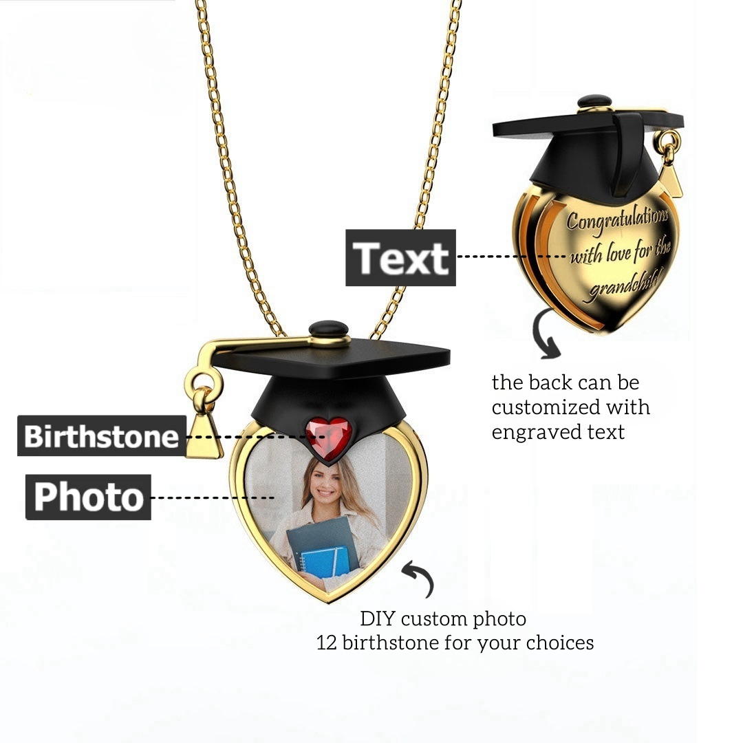 Personalized Dainty Grad Cap Zircon Heart Birthstone Necklace with Engraved Text Graduate Jewelry Birthday Graduation Gift for Women