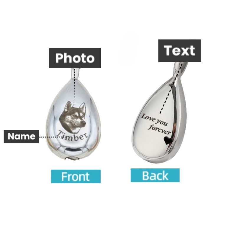 Personalized Pet Portrait Droplet Shaped Cremation Urn Necklace With Engraved Text Cremation Jewelry Memorial Keepsake Gift for Pet Lover