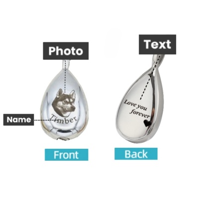 Personalized Pet Portrait Droplet Shaped Cremation Urn Necklace With Engraved Text Cremation Jewelry Memorial Keepsake Gift for Pet Lover