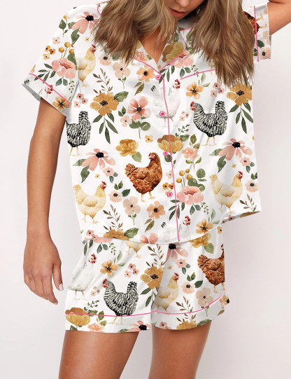 Floral Chickens Satin Pajama Set For Women