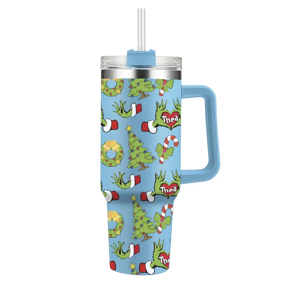 Personalized Funny Green Monster Hand Christmas Tree 40oz Insulated Tumbler with Name and Straw Birthday Christmas Gift for Family Friends