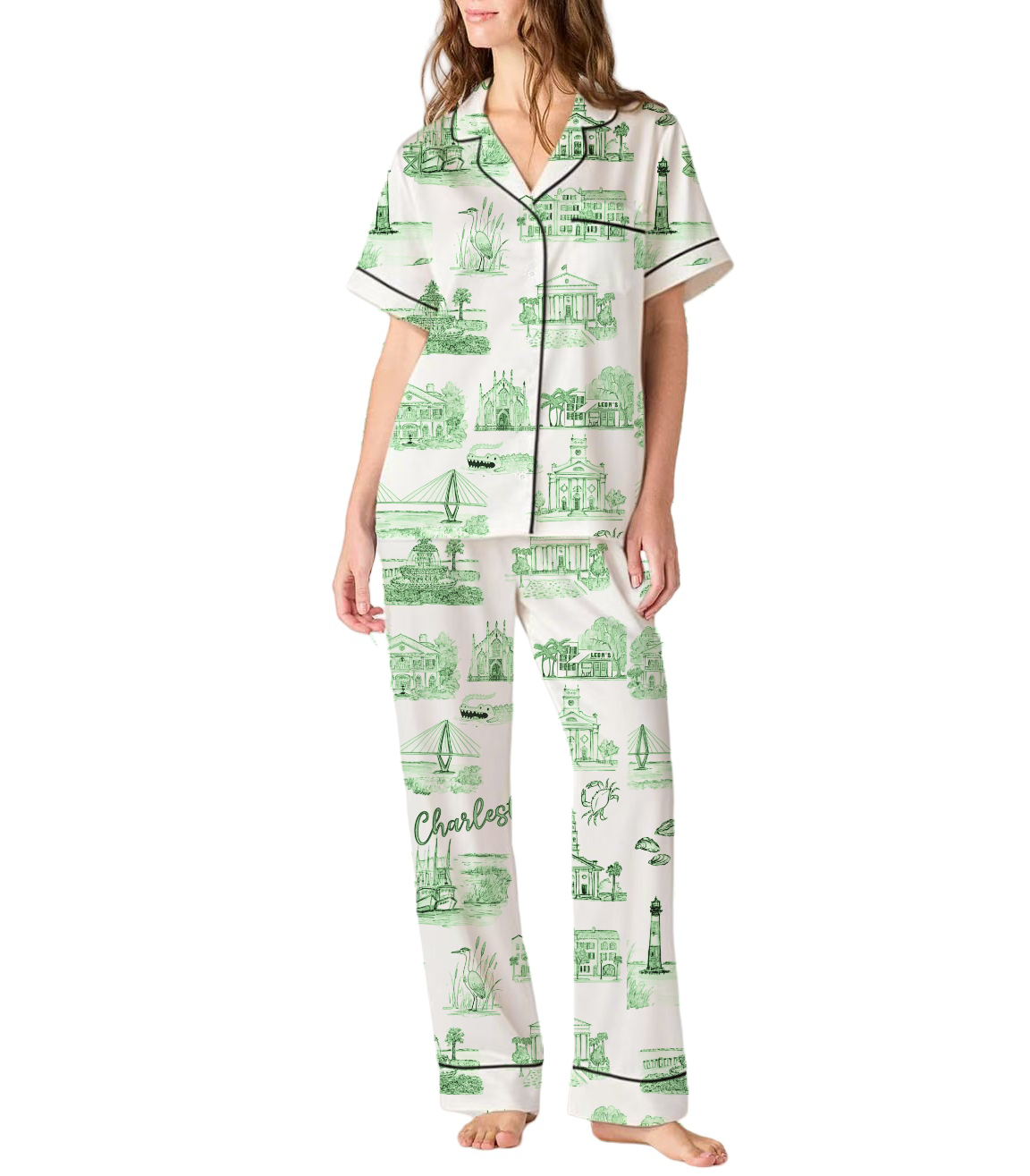Charleston Toile Silky Satin Pajama Pants Set For Women