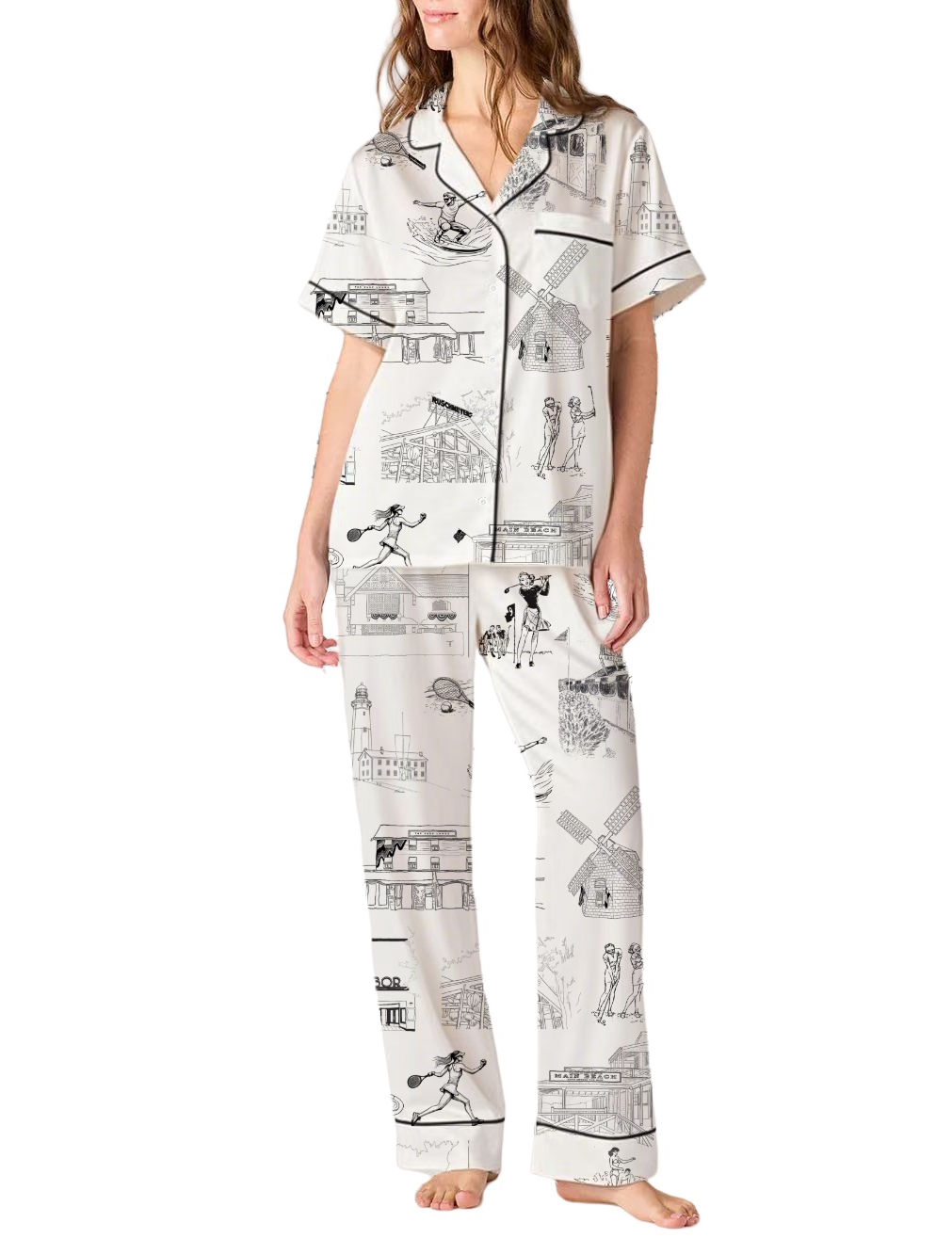 Hamptons Toile Silky Satin Pajama Pants Set For Women