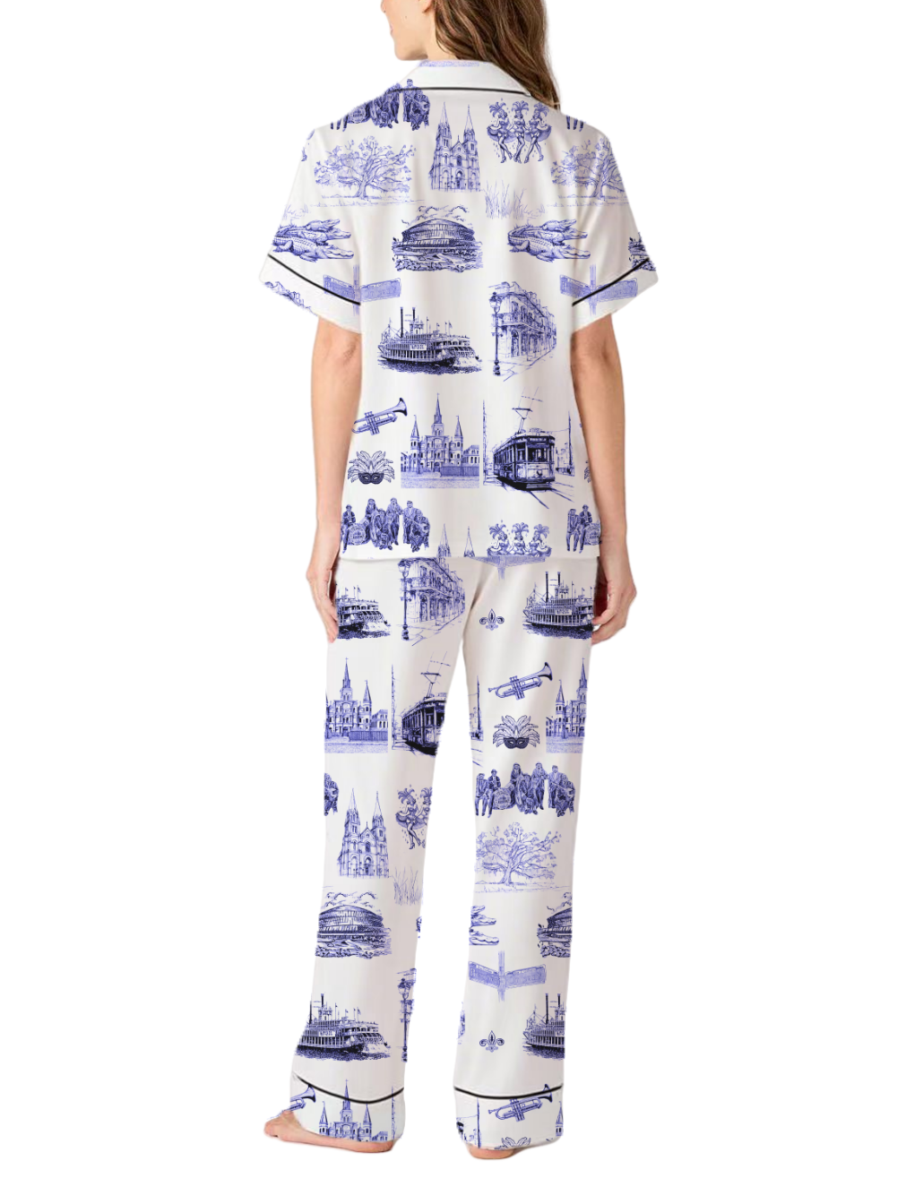 New Orleans Toile Silky Satin Pajama Pants Set For Women