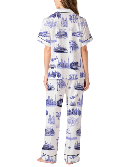 New Orleans Toile Silky Satin Pajama Pants Set For Women