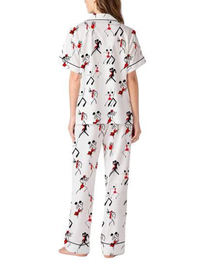 Abstract Duet Dance Pattern Silky Satin Pajama Pants Set For Women