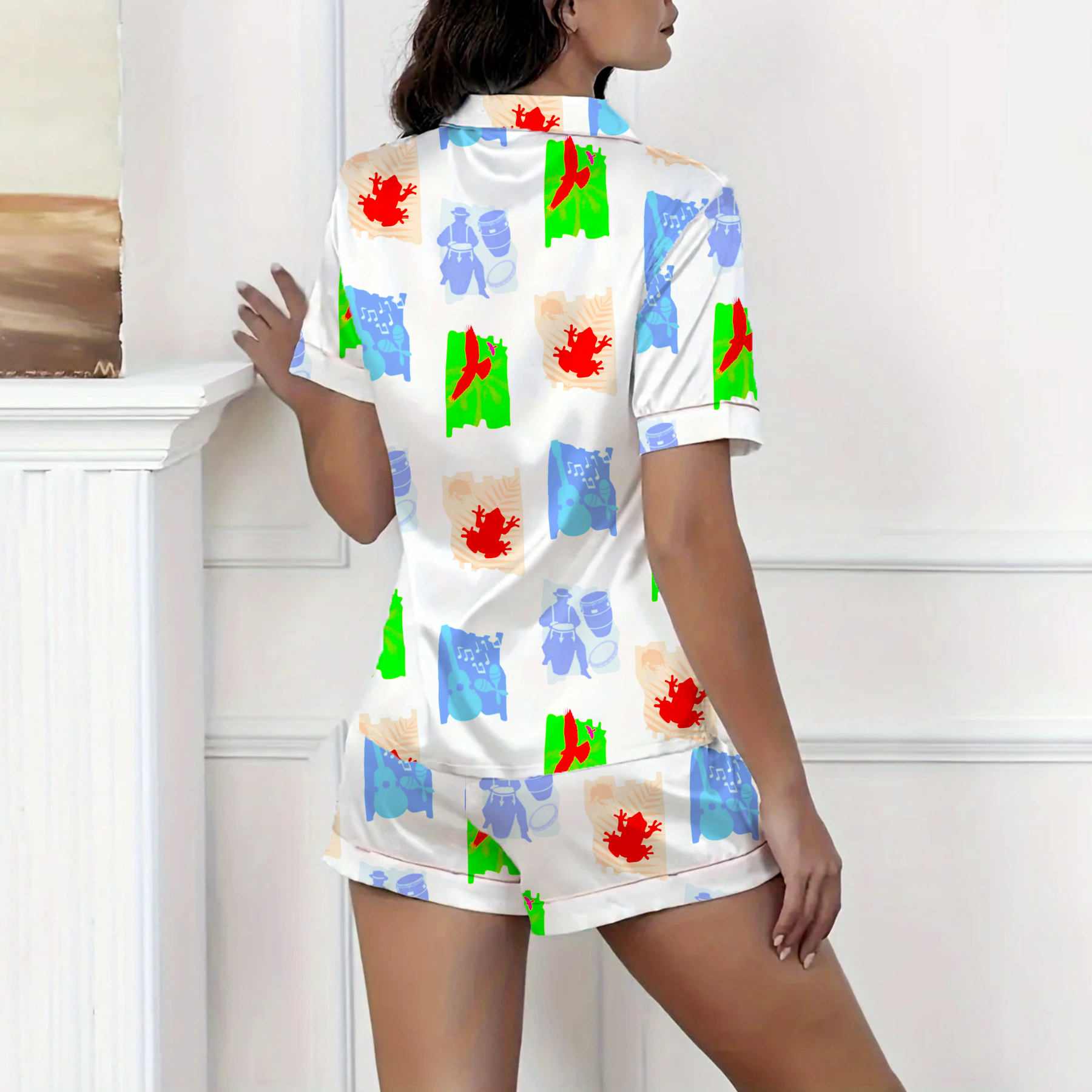 Tropical Style Silky Satin Pajama Short Set For Women