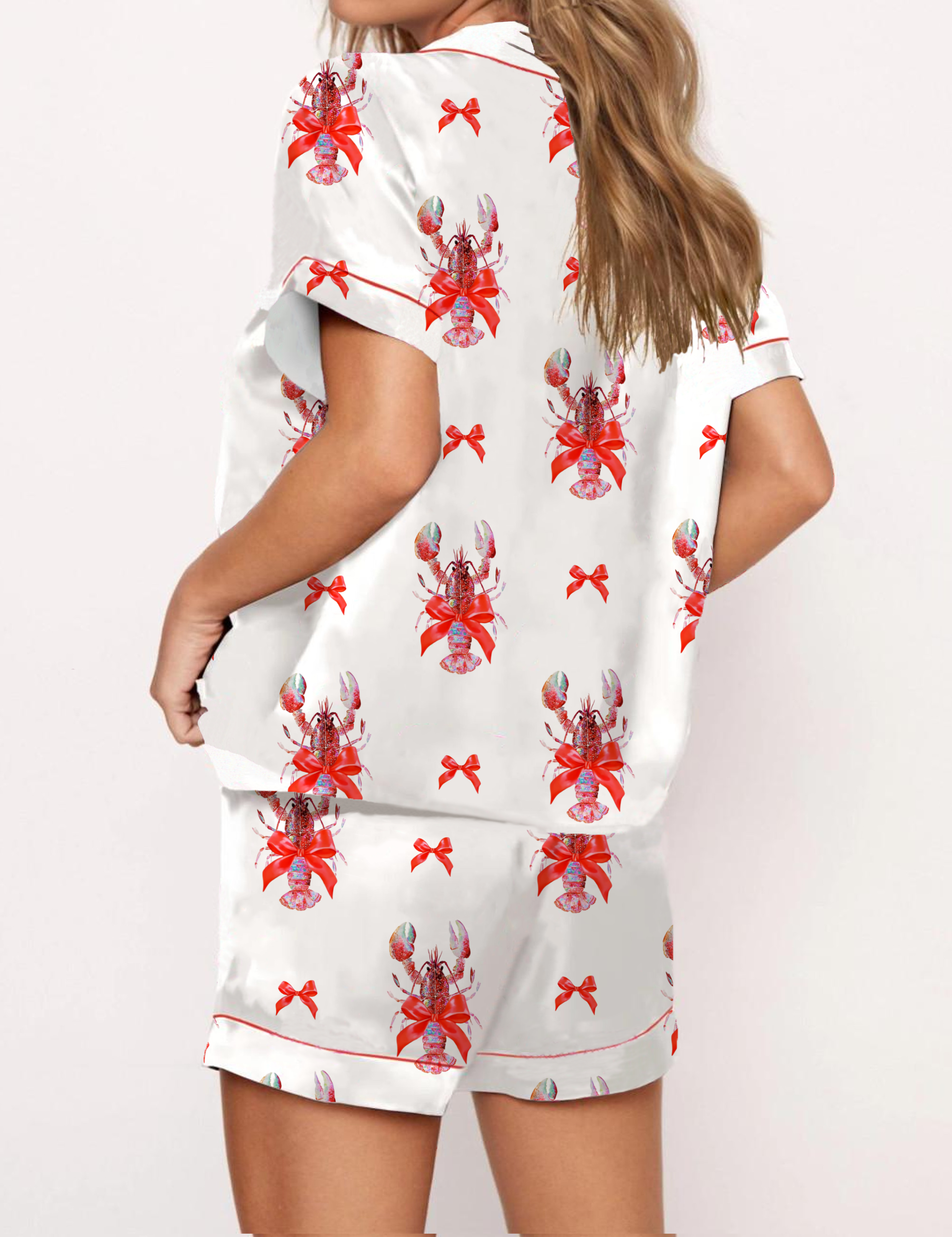Coquette Lobster  Silky Satin Pajama Short Set For Women