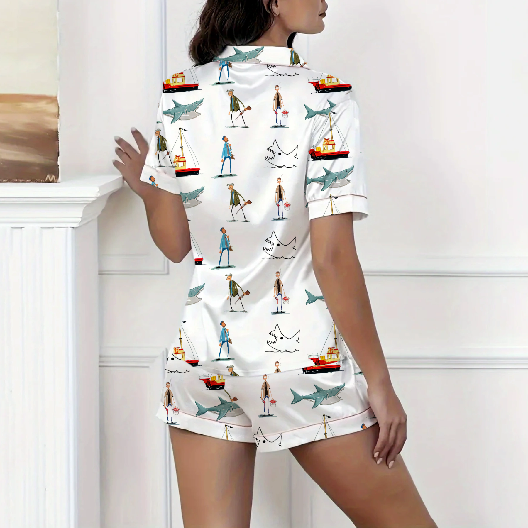 Shark Silky Satin Pajama Short Set For Women
