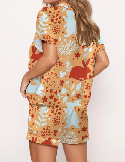 Whimsical Bunny Floral Print Satin Pajama Short Set