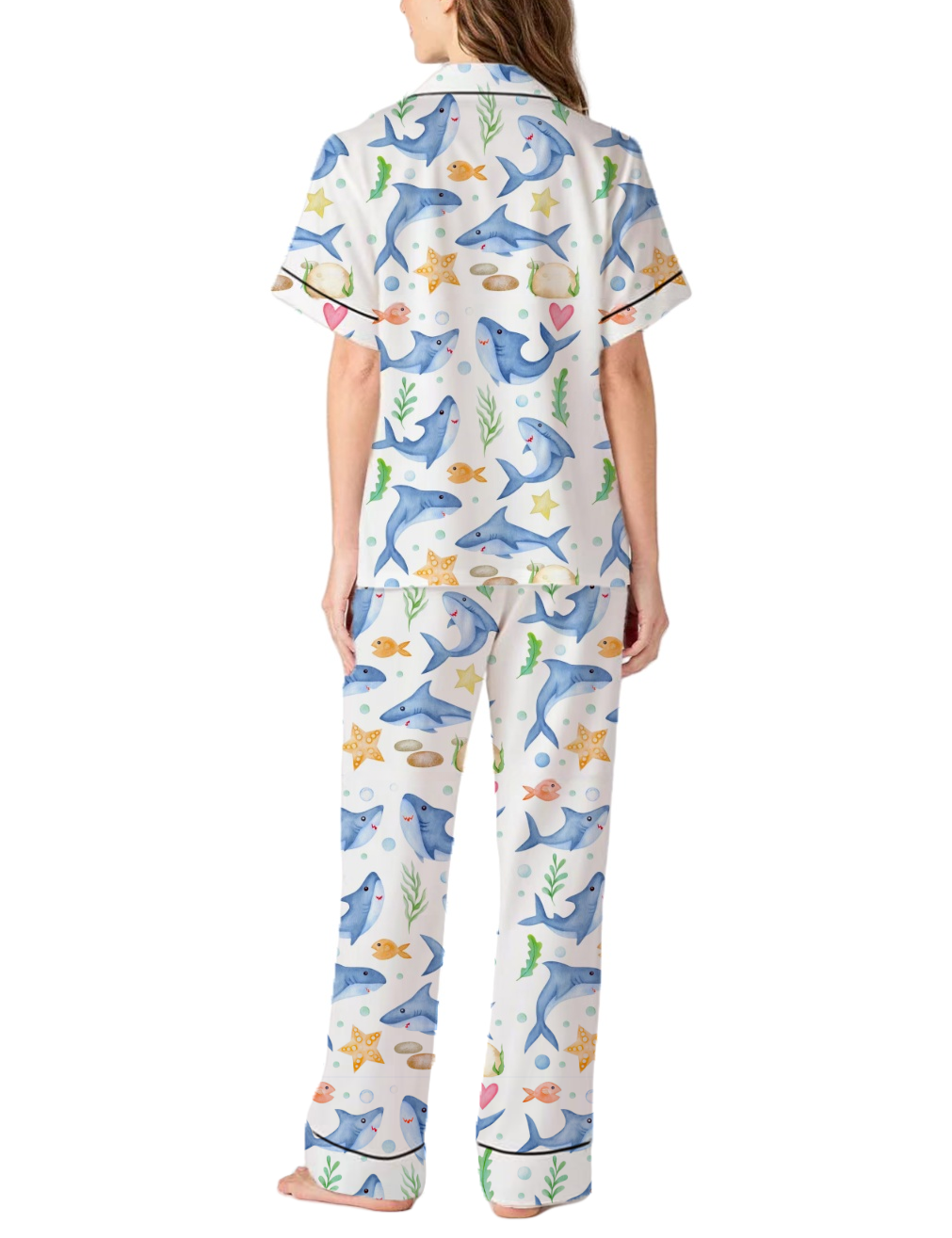Cartoon Shark Silky Satin Pajama Pants Set For Women