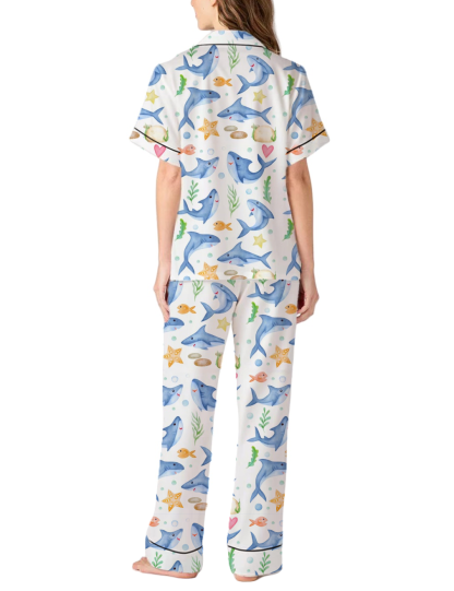 Cartoon Shark Silky Satin Pajama Pants Set For Women
