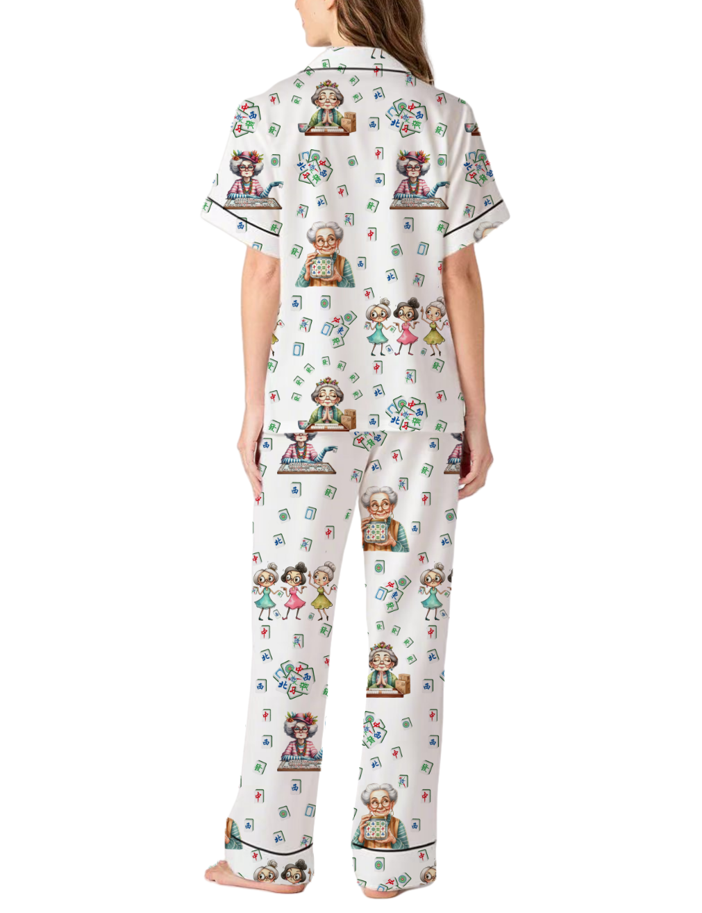Elderly Women With Mahjong Silky Satin Pajama Pants Set For Women