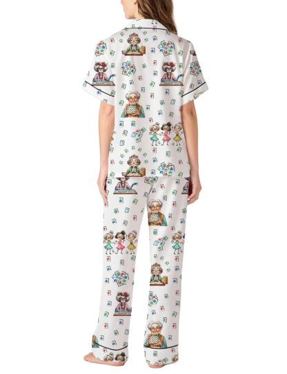 Elderly Women With Mahjong Silky Satin Pajama Pants Set For Women