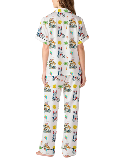 Funny French Bulldog Silky Satin Pajama Pants Set For Women