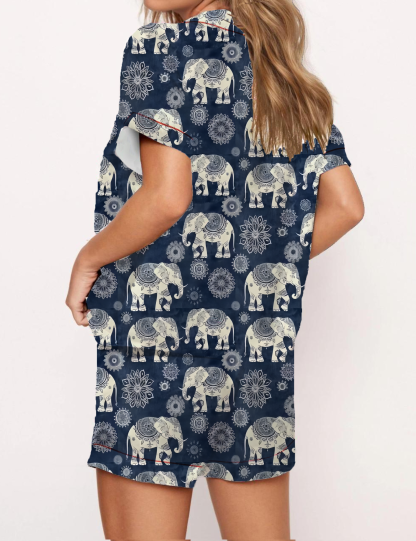 Floral Elephant Print Satin Pajama Short Set