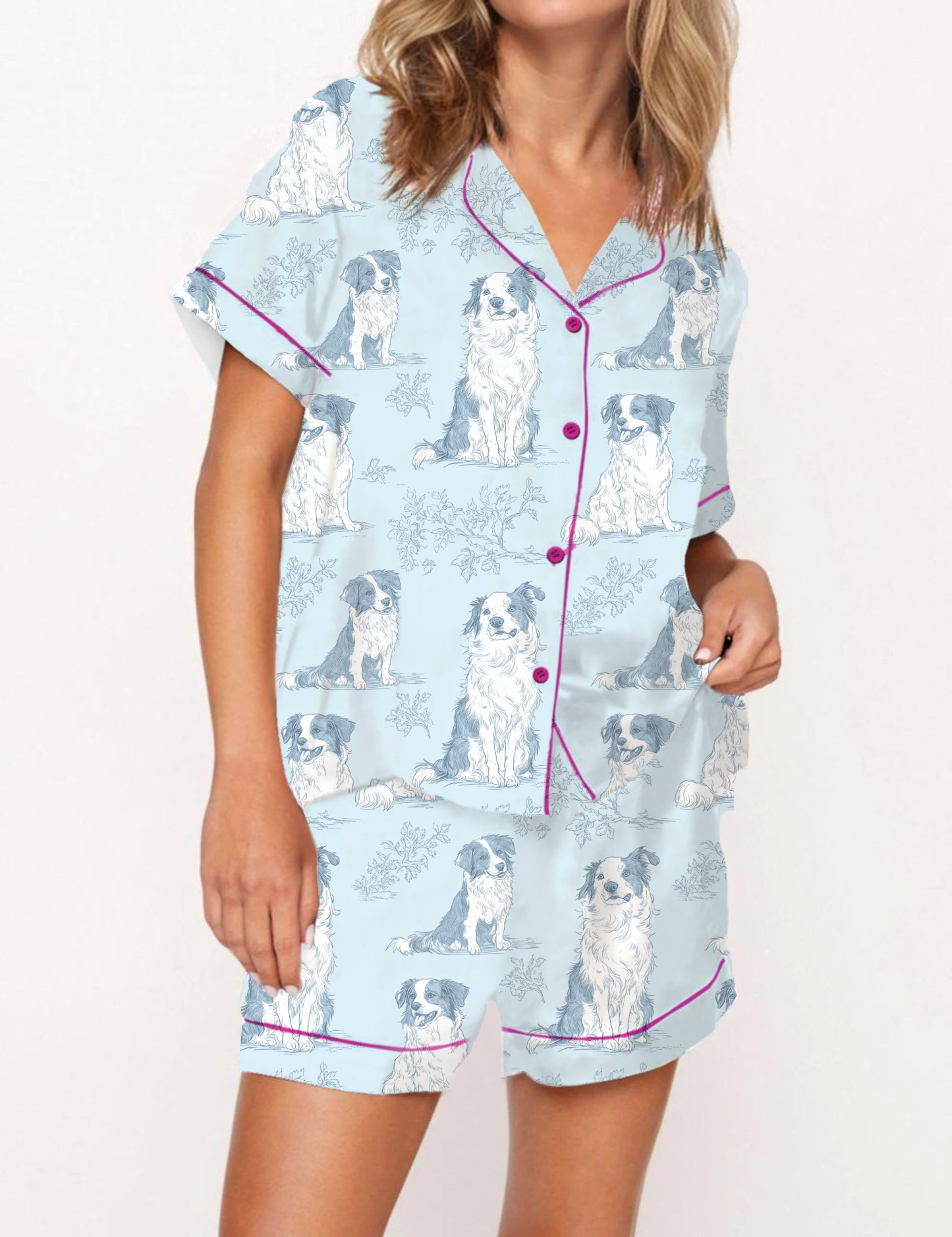 Border Collie Silky Satin Pajama Short Set For Women