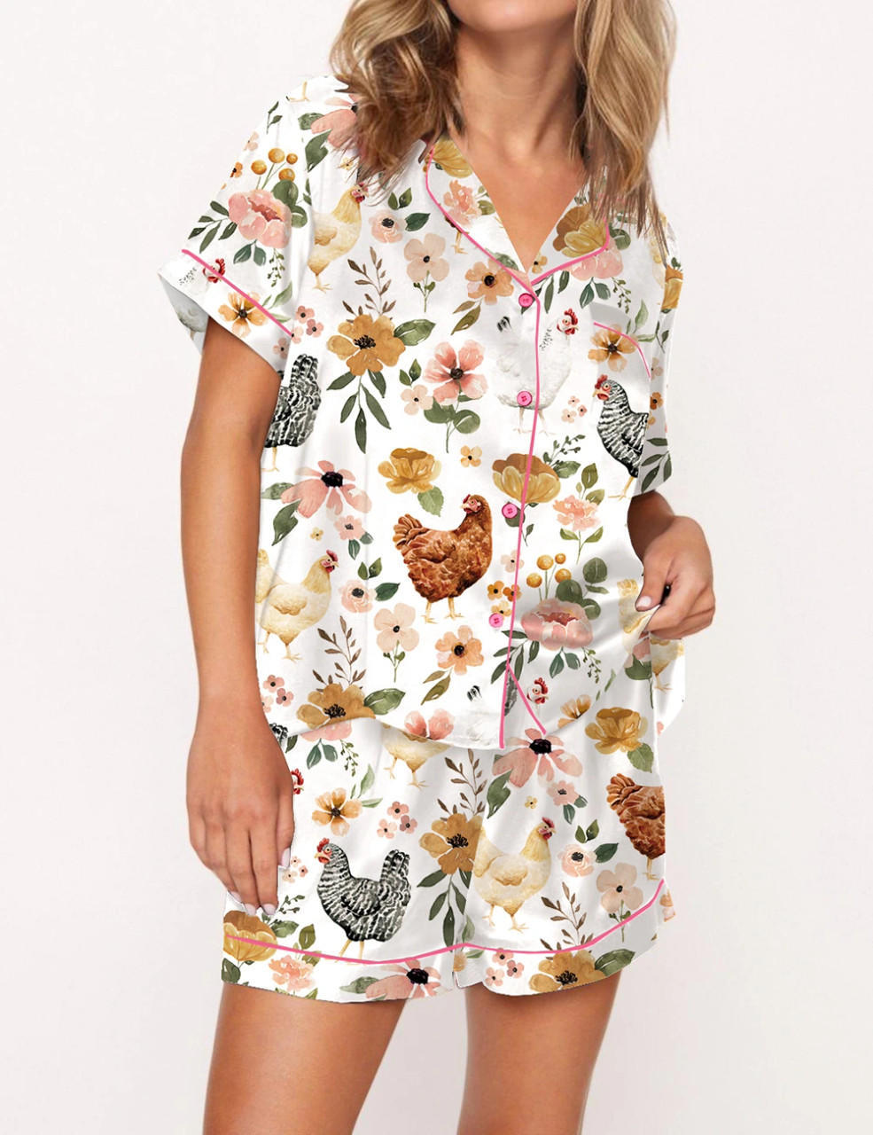 Floral Chickens Satin Pajama Set For Women