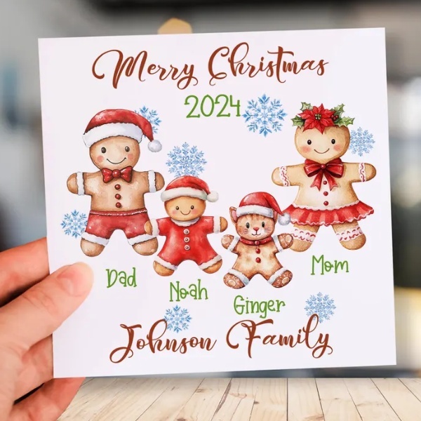Personalized Family Christmas Biscuit Ornament: Customizable Gingerbread Mom Dad Children & Pets in Santa Hats, Add Your Own Name