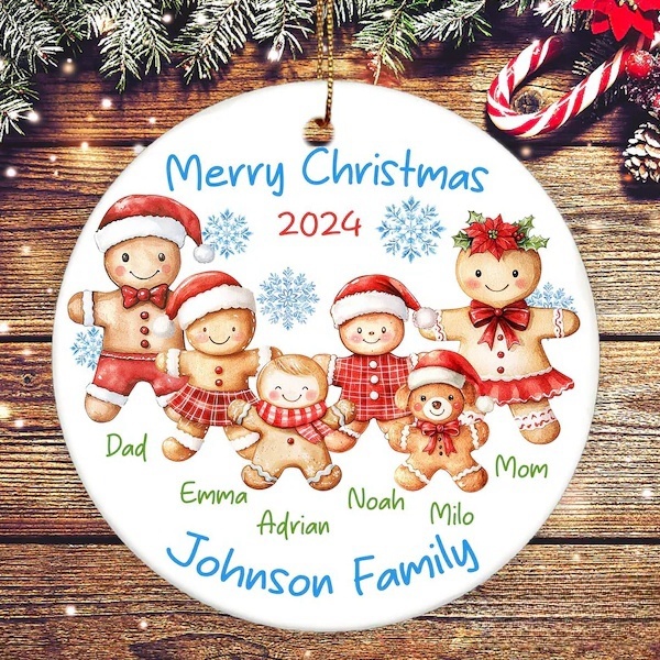 Personalized Family Christmas Biscuit Ornament: Customizable Gingerbread Mom Dad Children & Pets in Santa Hats, Add Your Own Name