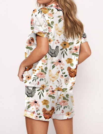 Floral Chickens Satin Pajama Set For Women