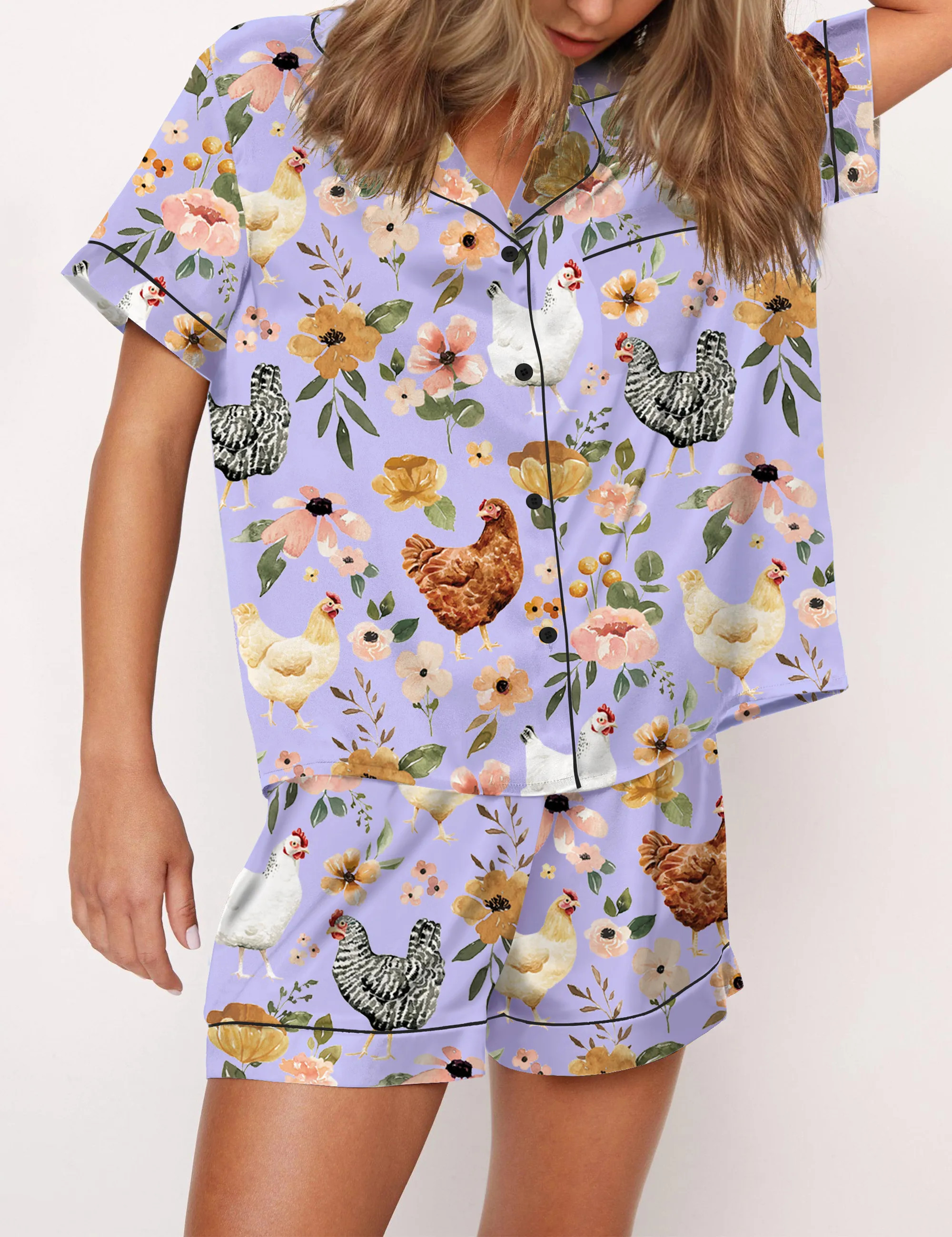 Floral Chickens Satin Pajama Set For Women
