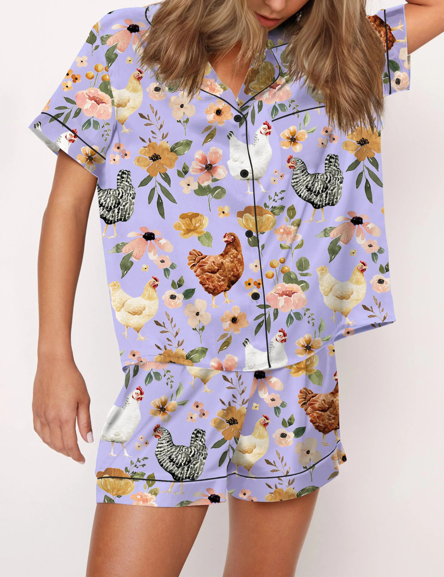 Floral Chickens Satin Pajama Set For Women