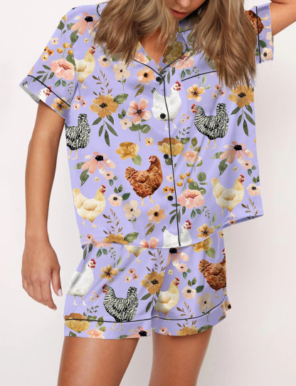 Floral Chickens Satin Pajama Set For Women