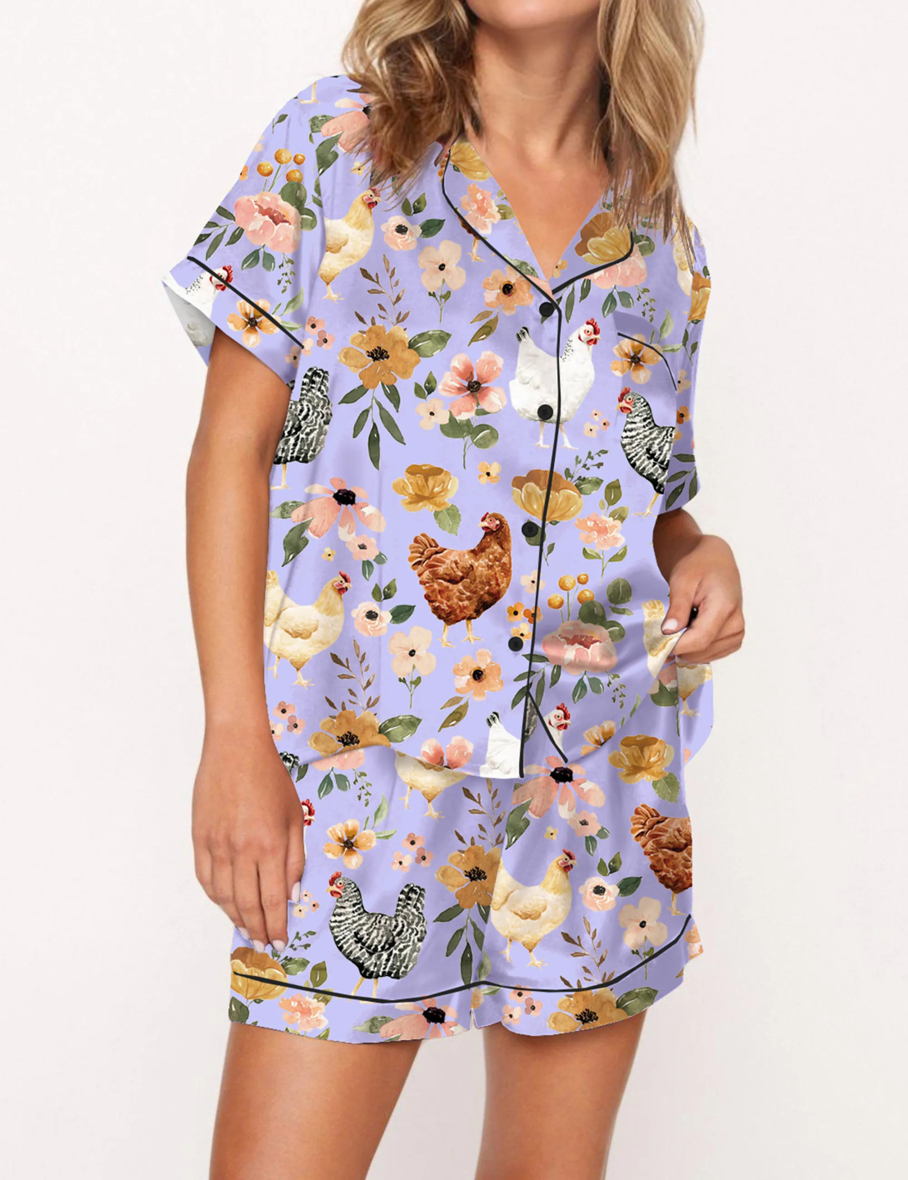 Floral Chickens Satin Pajama Set For Women