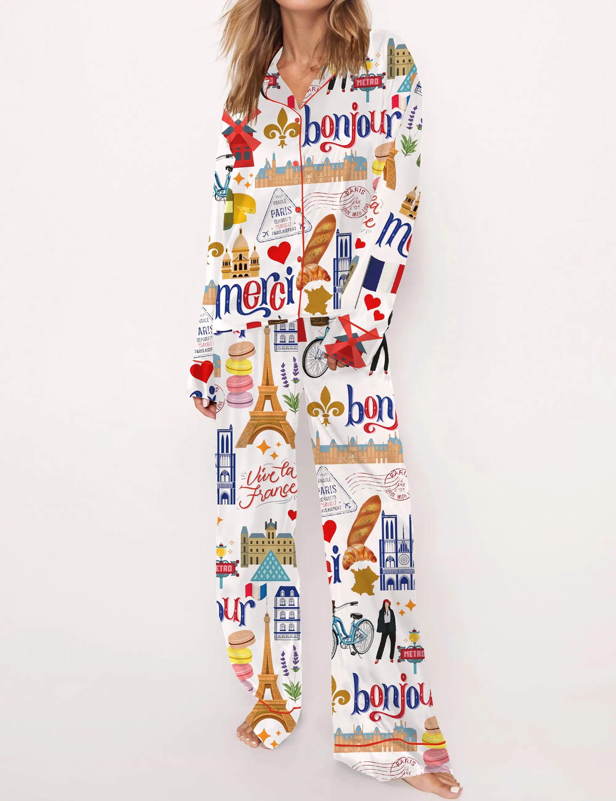 Paris Travel Satin Pajama Set For Women