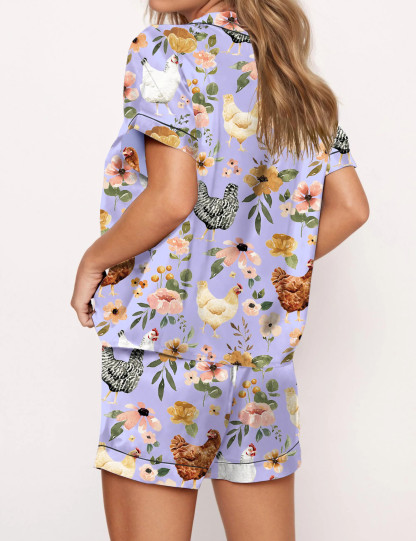 Floral Chickens Satin Pajama Set For Women
