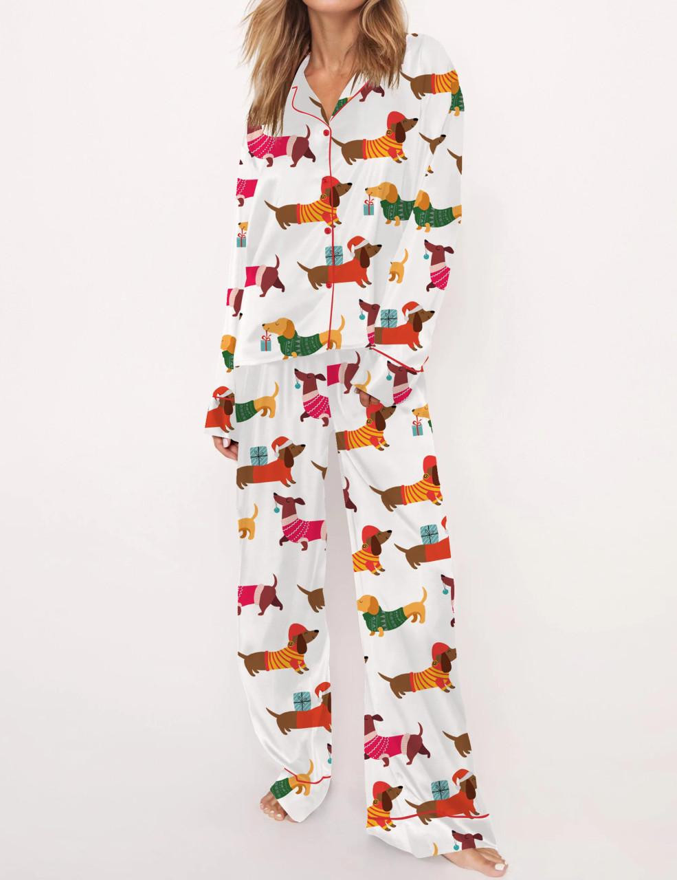Christmas Festive Dachshund Satin Pajama Set For Women