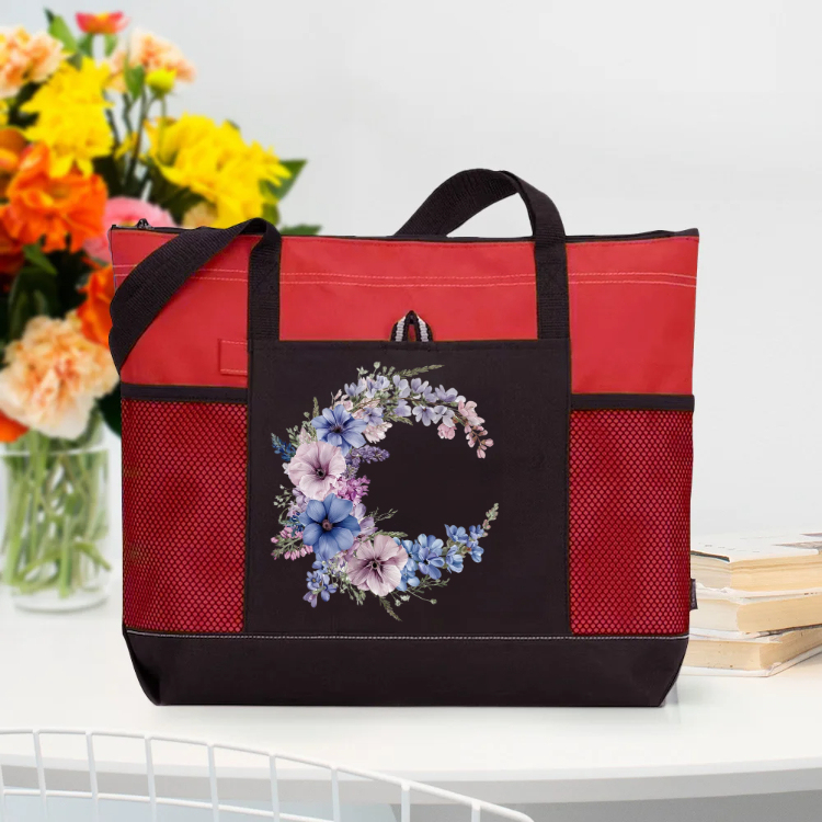 Personalized Birth Flower Wreath Large Tote Bag with Name and Mesh Pockets Travel Essentials Birthday Gift for Women
