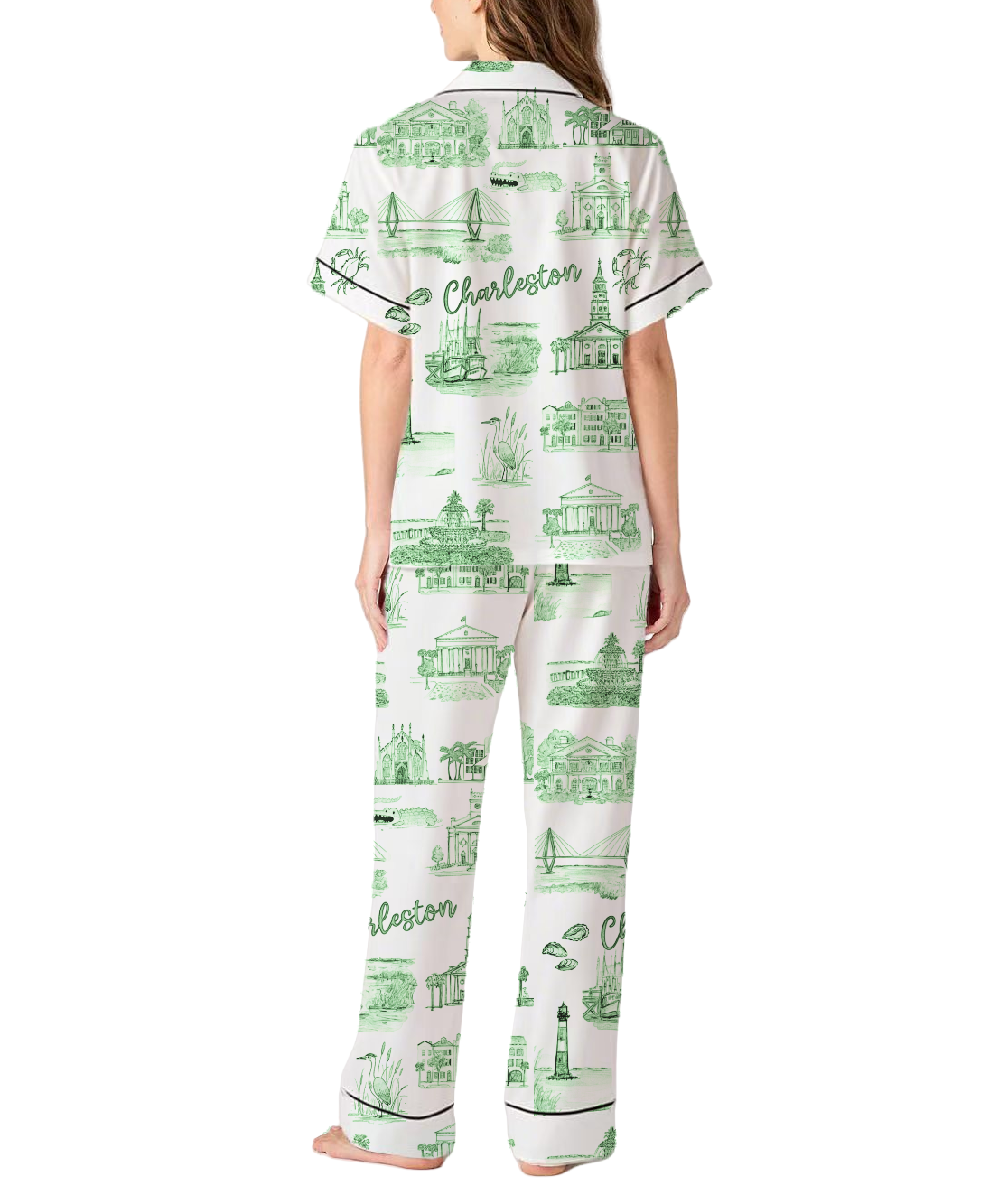 Charleston Toile Silky Satin Pajama Pants Set For Women