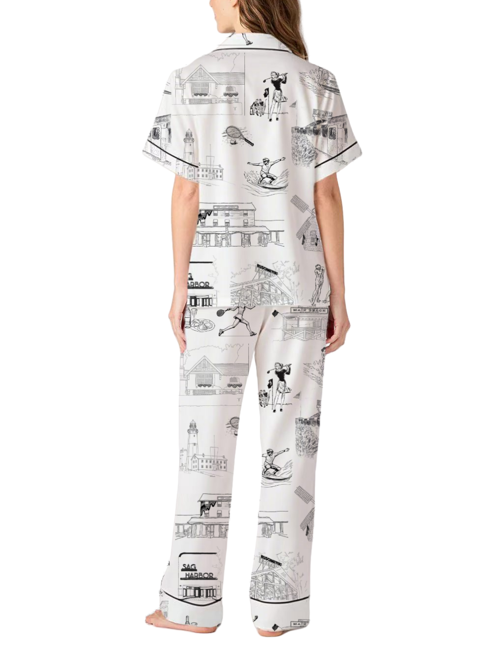 Hamptons Toile Silky Satin Pajama Pants Set For Women