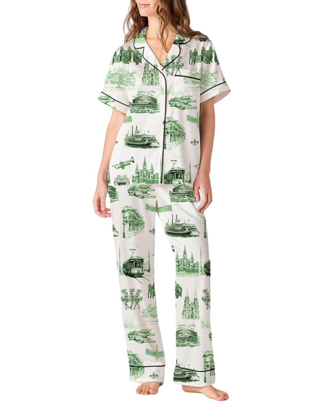 New Orleans Toile Silky Satin Pajama Pants Set For Women