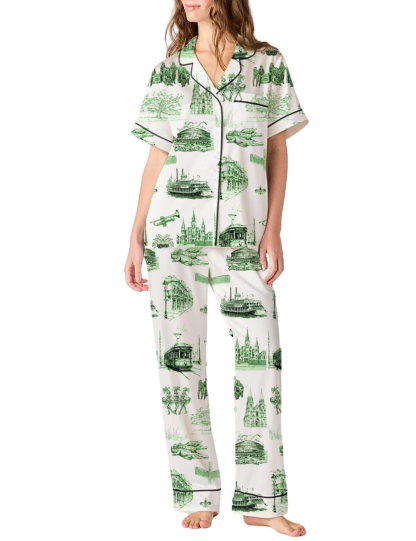 New Orleans Toile Silky Satin Pajama Pants Set For Women